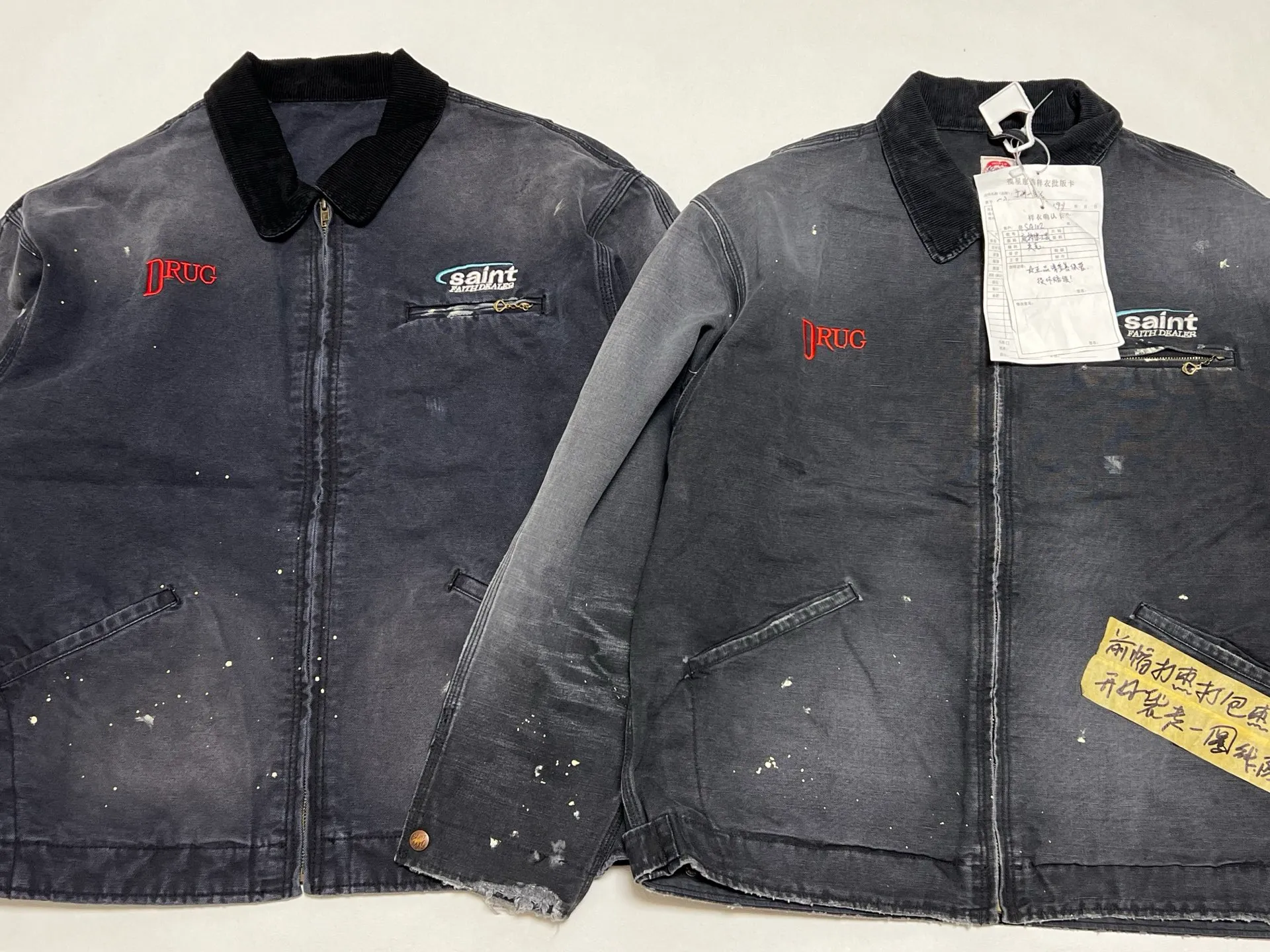 Comparison of panels SAINT Mxxxxxx DETROIT JACKET/DRUG/BLK Detroit Workwear Washed and Distressed Jacket Washed Black S-XL A super heavy-duty Detroit jacket. It took more than 3 months to develop. All details. No detail. Complete reproduction and restoration. Customized washed and faded Assute canvas fabric. Rewashed the watermark to make the bones irregular and whitened. Multiple damage and fraying treatments. The entire garment is completely hand-splashed with ink and paint. Heavy embroidery. Mold-opening with MX6 LOGO buttons Mold-opening customized placket with LOGO zipper No special shape zipper on the chest